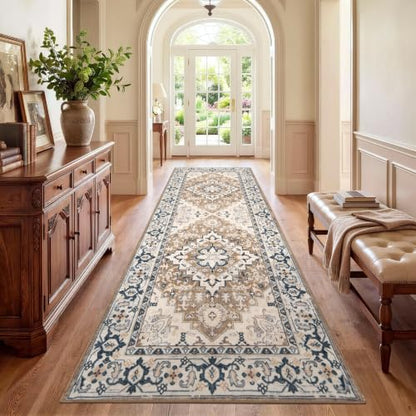Lofus 3x8 Hallway Kitchen Washable Runner Rug, Boho Entry Long Carpet Brown - color: Floral Brown, size: 3' x 8' (Runner)