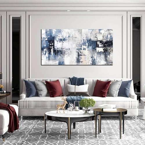 Prepeyssee White and Blue Abstract Canvas Wall Art for Living Room Bedroom Home Office Large Modern Grey Abstract Canvas Prints Picture Ready to Hang Size 24x48 - color: white, size: 24"L x 48"W
