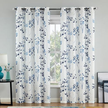 Beauoop Floral Linen Semi Sheer Curtains Living Room Blue Navy 50x96 2 Set - color: Grommet | Blue and Navy, size: 50"W x 96"L (Pack of 2)