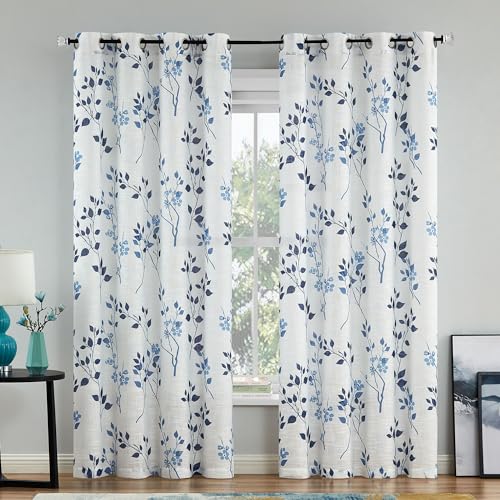Beauoop Floral Linen Semi Sheer Curtains Living Room Blue Navy 50x96 2 Set - color: Grommet | Blue and Navy, size: 50"W x 96"L (Pack of 2)
