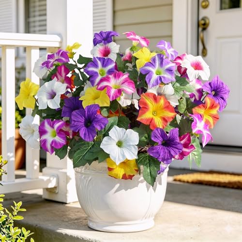 Uieke Artificial Flowers for Outdoors, 24PCS Faux Petunias Outdoor Uv Resistant Silk Flower, Spring Decorations for Home Garden Patio Porch (7 Color) - color: Purple & Yellow & Fuchsia & White