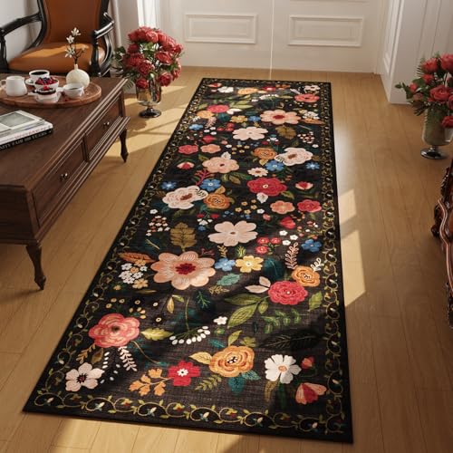 Rugcomf Runner Rug for Hallways Kitchen Rug Non Slip 2'6''x8' Washable Runner Rugs with Rubber Backing Soft Floral Carpet Runner for Hallways, Kitchen, Laundry, Bedroom, Bathroom(Black) - color: Black, size: 2'7" x 8' (Rectangular)