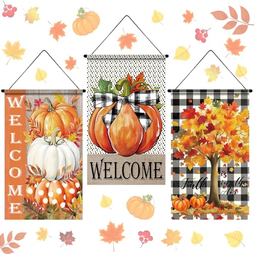 Tegeme 3 Pcs Fall Door Sign Flag Decoration Autumn Pumpkin Hanging Banner - style: Autumn