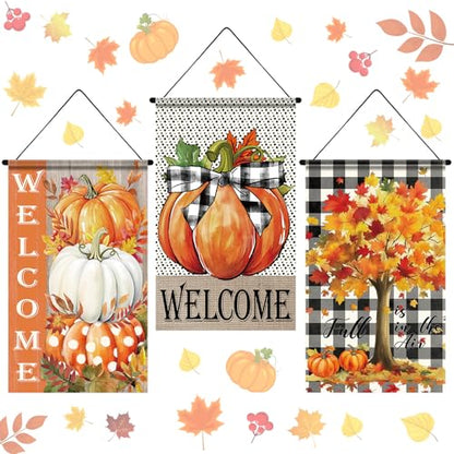 Tegeme 3 Pcs Fall Door Sign Flag Decoration Autumn Pumpkin Hanging Banner - style: Autumn