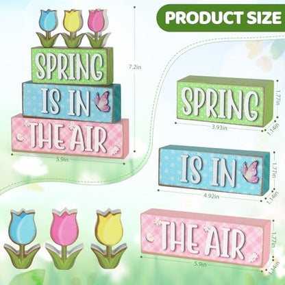 6 Pcs Spring Decorations for Home Wooden Tulips Flower Table Centerpieces Farmhouse Wood Block Signs Pastel Tulip Tabletop Easter Decor Indoor Tiered Tray Office Desk Shelf Mantel Fireplace Kitchen