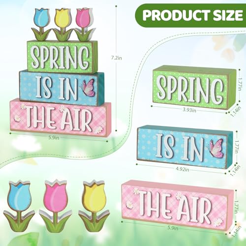 6 Pcs Spring Decorations for Home Wooden Tulips Flower Table Centerpieces Farmhouse Wood Block Signs Pastel Tulip Tabletop Easter Decor Indoor Tiered Tray Office Desk Shelf Mantel Fireplace Kitchen