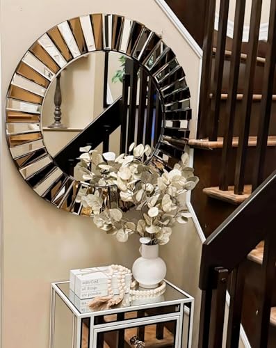 Decorative Round Mirror Sunburst: Silver-Brown Crystal Edge 31.5 in - size: 31.5"L x 31.5"W