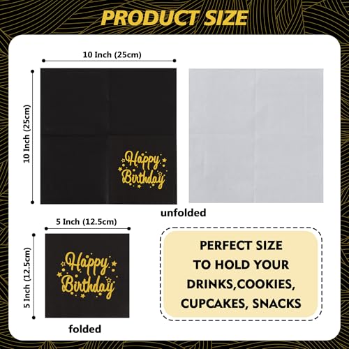 Vuzvuv 52 Pack Happy Birthday Cocktail Napkins Cursive Design - Birthday Party Dinner Hand Napkin with Gold Stampin for Party Supplies Decorations Table Decor(5" Folded 3 Ply- Black) - color: Handwrite Black