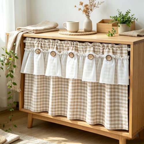 Beige Gingham Checkered Kitchen Short Curtain with Ruffle & Wooden Buttons - size: 39"W x 20"L (Pack of 1)