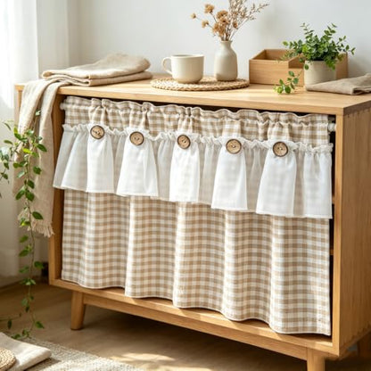 Beige Gingham Checkered Kitchen Short Curtain with Ruffle & Wooden Buttons - size: 39"W x 20"L (Pack of 1)