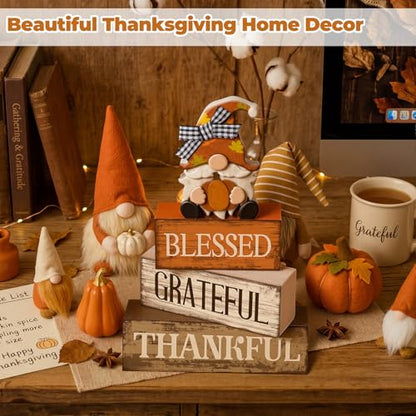 Lineshading 4 Pcs Fall Gnome Block Signs Thanksgiving Tiered Tray Decor - style: Blessed Gnome