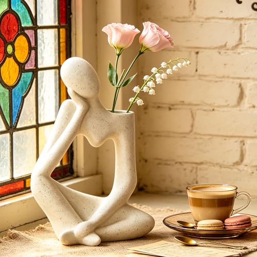 Arawat White Thinker Ceramic Flower Vase for Home Decor Modern Cute Boho Vases for Table Room Decor Unique Aesthetic Vase Ceramic Decorative Vases for Centerpieces Birthday Gifts for Women Men - color: # B Beige Ceramic Flower Vase for Room Decor