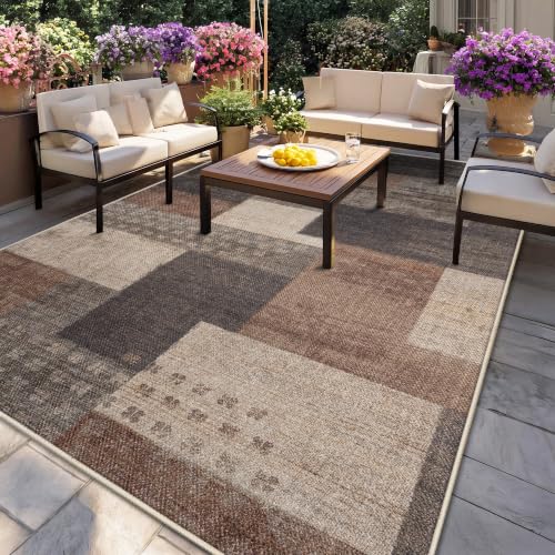 Modern Outdoor Patio Rug, Geometric Patchwork Rug for Living Room, Beige - color: Beige, size: 9x12ft