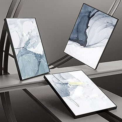 Large Neutral Abstract Framed Canvas Wall Art Set of 3 - color: Blue and White