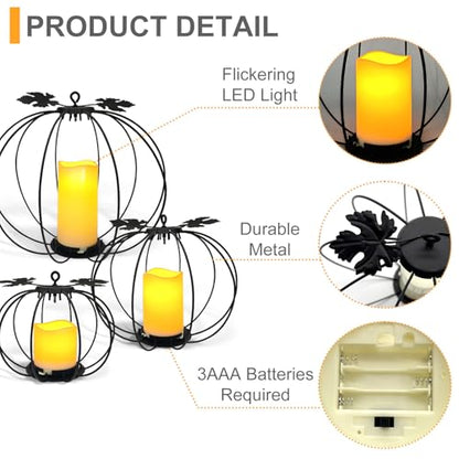 Halloween Light Up Pumpkin Lantern, 3 Pcs Metal Black Pumpkin Candle Holders with Timer Flickering Yellow LED Candle Lights for Thanksgiving Halloween Harvest Fall Home Decor