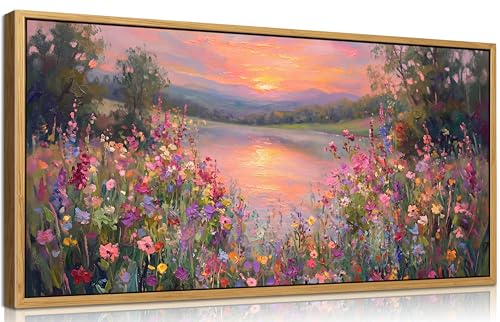 Large Floral Landscape Wall Art Wildflower Meadow Lake Sunset Painting Picture Colorful Botanical Flower Nature Canvas Wall Decor Distant Mountain Forest Print Artwork for Living Room Bedroom - color: Sunset, size: 40"L x 20"W