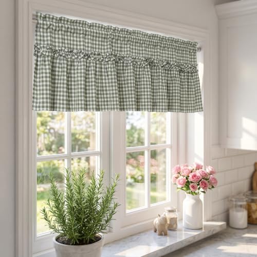 Silnuo Sage Green/White Plaid Gingham Ruffle Window Valance 52" W x 18" L - color: Green, size: 52"W x 18"L (Pack of 1)