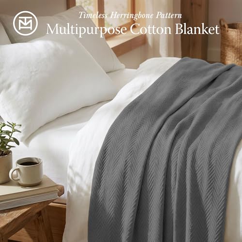 Threadmill Luxury 100% Cotton Twin Herringbone Blanket, Dark Grey - color: Dark Grey, size: Twin (68" x 92")