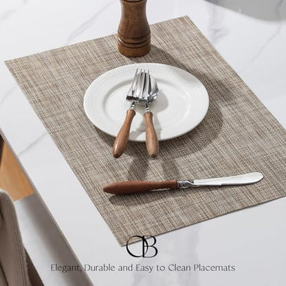 Placemats Set of 6 - Easy Clean Woven Vinyl Placemats for Dining Table, Indoor/Outdoor Place Mats, Washable PVC Table Mats（Caramel） - color: A-caramel