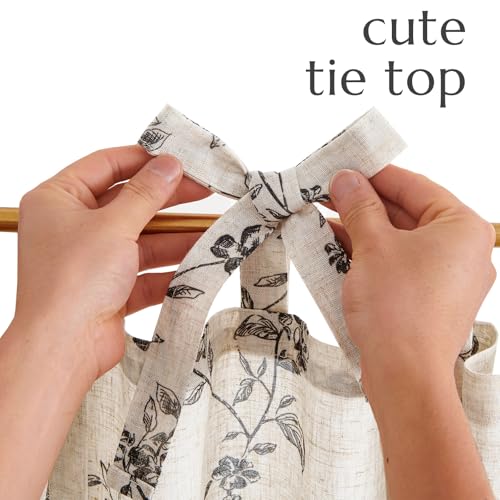 jinchan Black Floral Kitchen Tier Curtains Alisa 36 Inches Tie Top 2 Panles - color: Alisa Black on Linen, size: 26"W x 36"L (Pack of 2)