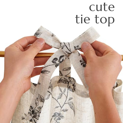 jinchan Black Floral Kitchen Tier Curtains Alisa 36 Inches Tie Top 2 Panles - color: Alisa Black on Linen, size: 26"W x 36"L (Pack of 2)