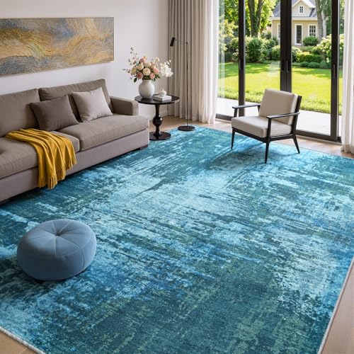Merelax 5x7 Blue Washable Area Rug Non-Slip Faux Wool Abstract Rug - color: Blue, size: 5' x 7'(60''x84'')
