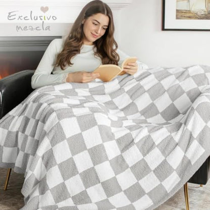 Exclusivo Mezcla Checkered Knit Throw Blanket for Couch, Light Grey - color: Light Grey, size: Throw (50"x60")
