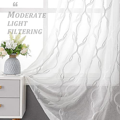 VISIONTEX Grey and White Sheer Curtains Moroccan Embroidered 63 Inches - color: A-grey, size: 54"W x 63"L (Pack of 2)