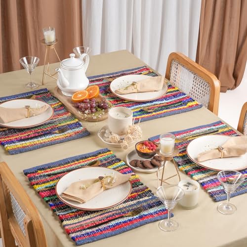 Set of 6 Eco-Friendly Rainbow Multi Chindi Placemats 13 x 19 Inch Pure Cotton Table Mats Woven Kitchen Placemats - color: Multicolor