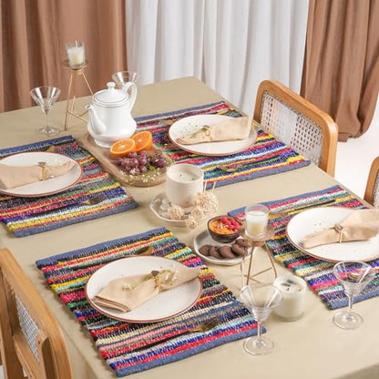 Set of 6 Eco-Friendly Rainbow Multi Chindi Placemats 13 x 19 Inch Pure Cotton Table Mats Woven Kitchen Placemats - color: Multicolor