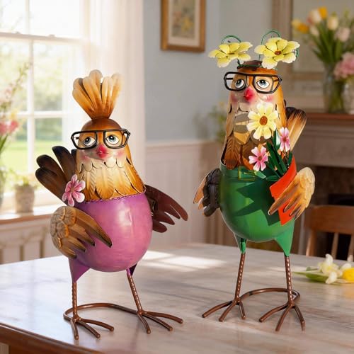 Natelf Metal Rooster & Hen Outdoor Statues Chicken Sculptures Set
