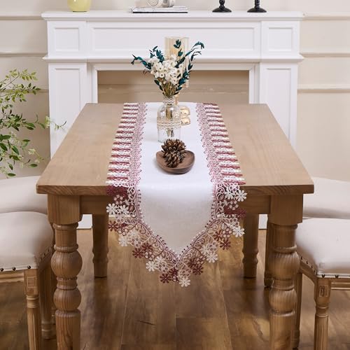 White Dark Red Floral Lace Table Runner Dresser Scarf (16” x48”) - size: 16” x48”