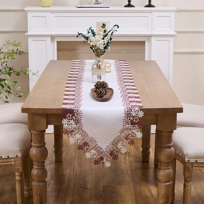 White Dark Red Floral Lace Table Runner Dresser Scarf (16” x48”) - size: 16” x48”