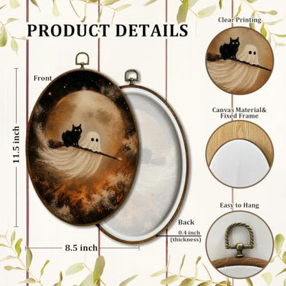 JQF Halloween Ghost Black Cat Oval Wall Decor Framed 8.5x11.5 Inch - color: ghost-4