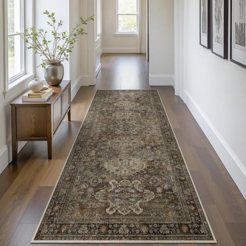 Bavni 2x12 Hallway Runner Rug, Non Slip Washable, Vintage Brown - color: Brown, size: 2' x 12' (Rectangular)