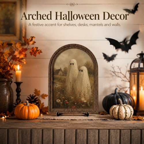 Vintage Ghosts Arched Wood Frame Tabletop Decor, Rustic Halloween Wall Art - color: Color 08