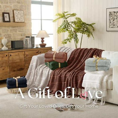 Boho Knitted Chenille Blanket with Tassels - Lightweight & Soft All-Season Throw - 3D Classic Pattern for Living Room Bedroom Couch, Clay Brown, King 90"x108" - color: Clay Brown, size: King