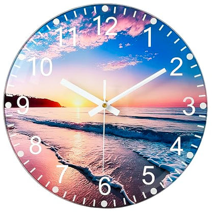 Battery Operated Wall Clock with Beach Sunset Pattern - 10 Inch Thick Glass Silent Non Ticking Analog Clock, Quartz Large Numbers Modern Wall Clocks for Living Room Bedroom Bathroom Office Gym - color: Blue Red, size: 10 Inch