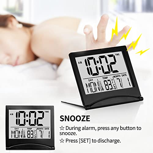 Betus Digital Travel Alarm Clock – Foldable Calendar, Temperature & Timer with Snooze – Large Number Display, Battery Operated – Compact Desk Clock for Home & Office (Black) - color: Black Pack of 1