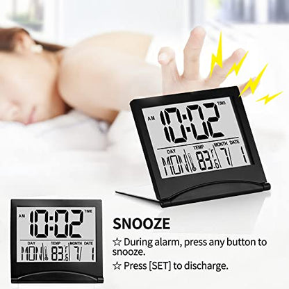 Betus Digital Travel Alarm Clock – Foldable Calendar, Temperature & Timer with Snooze – Large Number Display, Battery Operated – Compact Desk Clock for Home & Office (Black) - color: Black Pack of 1