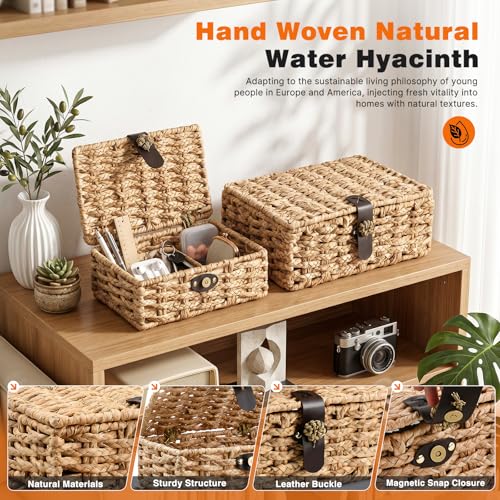 Storage Boxes with Lids, Set of 2 Water Hyacinth Wicker Baskets, Decorative Boxes for Home Decor, Coffee Table, Console Table and Bedroom, Magnetic Closures, Natural