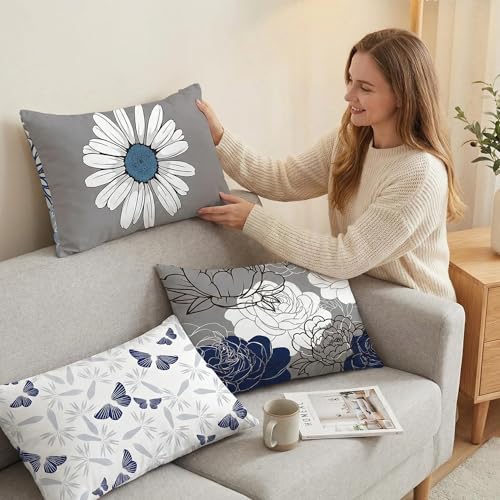 COMMINY Blue Grey Lumbar Pillow Covers 12x20 Set 6 Linen Throw Cover - color: Blue Daisy, size: 20" x 12" (Pack of 6)