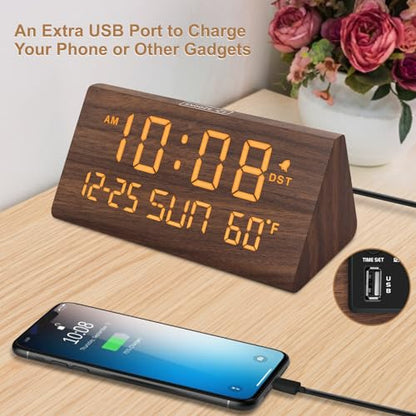 DreamSky Digital Alarm Clock for Bedrooms - Wooden Desk Clock with Date - color: Brown