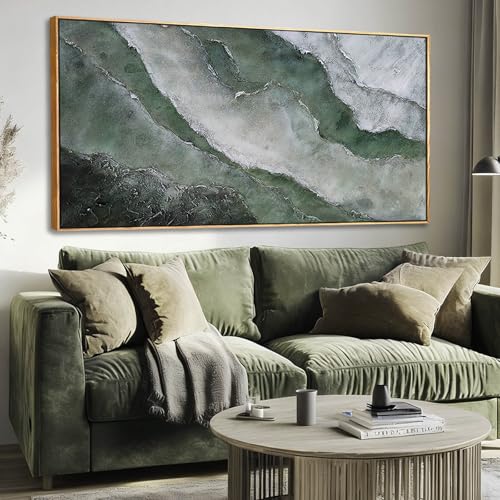 Green and White Textured Landscape Wall Art 24x48 Inch, Large Framed Canvas Artwork with Wood Frame, Abstract Nature Wall Decor for Living Room or Entryway - color: Sage Green, size: 48"L x 24"W