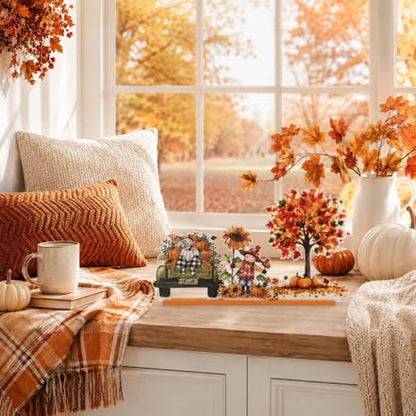 Smile Fall Thanksgiving Halloween Wooden Standing Decor, Truck Pumpkin Scarecrow Sunflower Tiered Tray Signs with Stands for Rustic Farmhouse Home Decor - style: Fall Scarecrow
