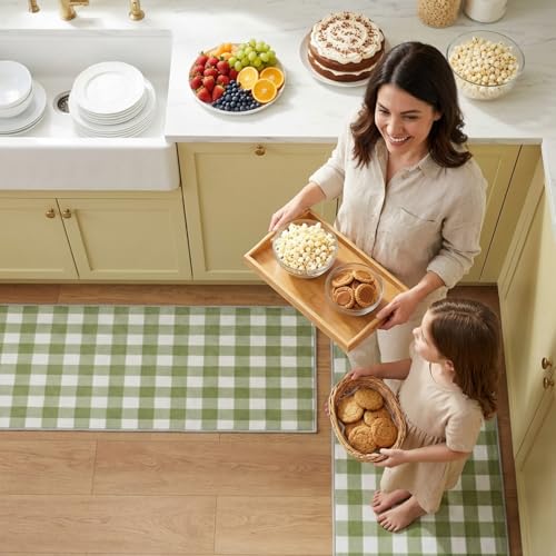 Dunzy 2 Pcs Sage Green Kitchen Mat Farmhouse Plaid Runner Non-Slip Washable - color: Sage Green