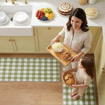 Dunzy 2 Pcs Sage Green Kitchen Mat Farmhouse Plaid Runner Non-Slip Washable - color: Sage Green