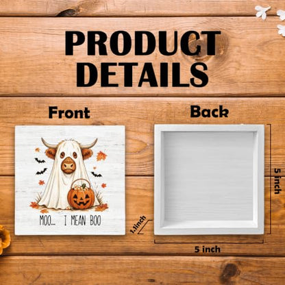 Fall Halloween Highland Cow Pumpkin Wood Box Sign Desk Decor 5X5 - color: Ghost Cow