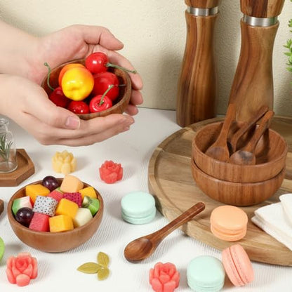 4 Pack Acacia Wooden Bowl with 4 Pcs Spoon 2.5 oz Wooden Dipping Bowls Round Wood Salad Hand Carved Calabash Dip Tray for Condiments, Jam, Nuts, Appetizer, Snack, Yogurt, Ketchup, Barbecue (3.9 Inch) - size: 3.9 Inch
