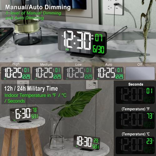 KOSUMOSU Desk Clock 6.7in Black Digital Alarm Clock with Dual Alarm, Dimming, Date, Day of Week, Temp, 12h 24h, Digital LED Clock for Table Decor, Digital Calendar Mirror Clocks Essentials - color: Black Clock